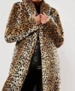 Womens Fur Winter Trench Leopard Print Coat