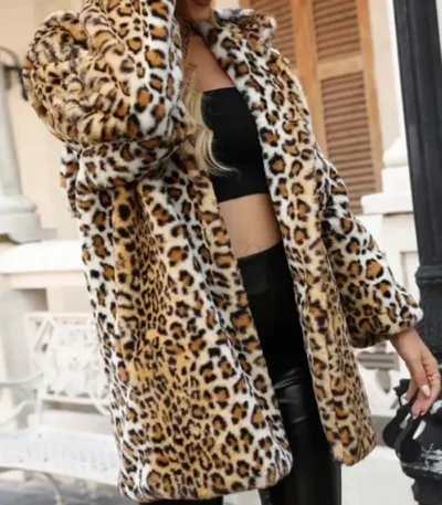 Womens Fur Winter Trench Leopard Print Coat