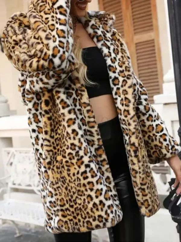 Womens Fur Winter Trench Leopard Print Coat