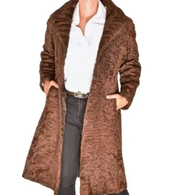 Brown Fox Mink Fur Collar Swakara Lamb Fur Trench Coat