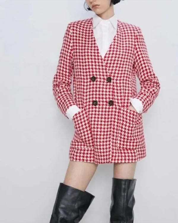 Emily Cooper Emily In Paris Houndstooth Red Coat