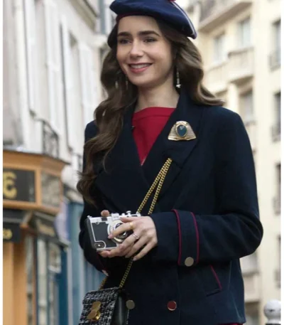 Lily Collins Emily in Paris Blue Wool Coat