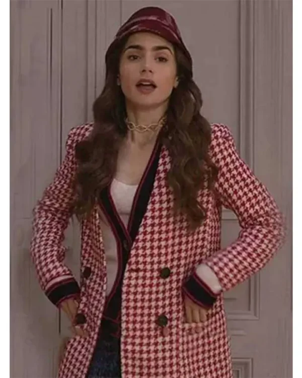 Emily Cooper Emily In Paris Houndstooth Red Coat