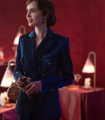 Emily In Paris S03 Lily Collins Blue Velvet Suit