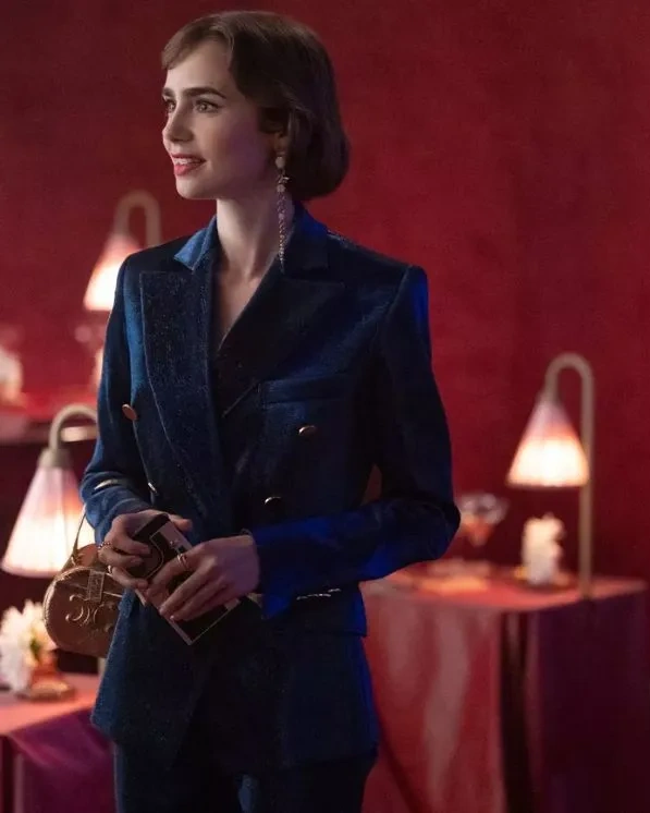 Emily In Paris S03 Lily Collins Blue Velvet Suit Emily In Paris S03 Lily Collins Blue Velvet Suit