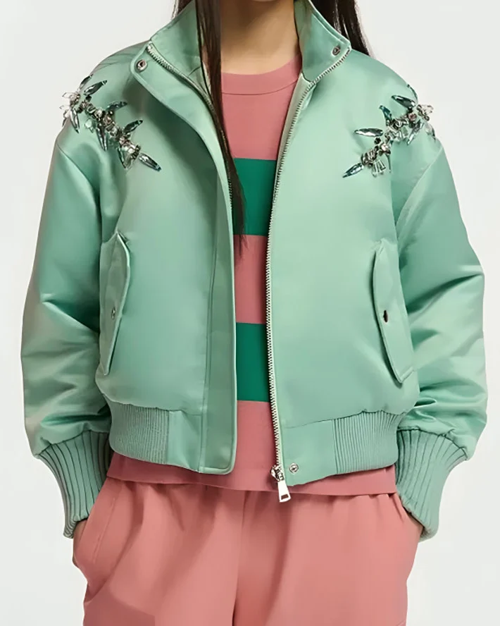 Emily in Paris S04 Ashley Park Embellished Satin Bomber Jacket Emily in Paris S04 Ashley Park Embellished Satin Bomber Jacket