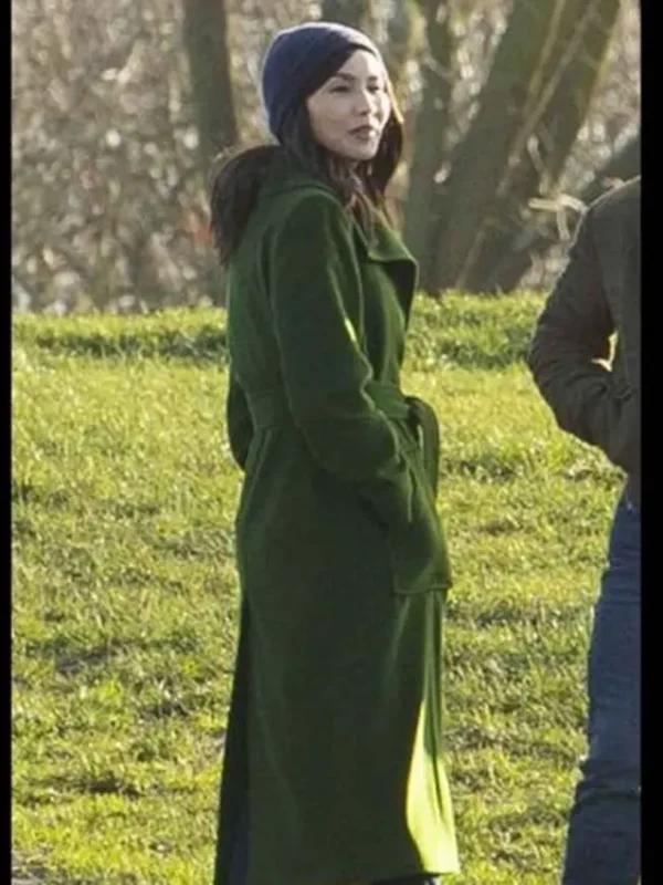 Gemma Chan Eternals 2021 Long Green Coat