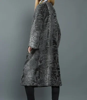 Women Real Persian Lamb Fur Grey Trench Coat