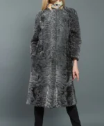 Women Real Persian Lamb Fur Grey Trench Coat
