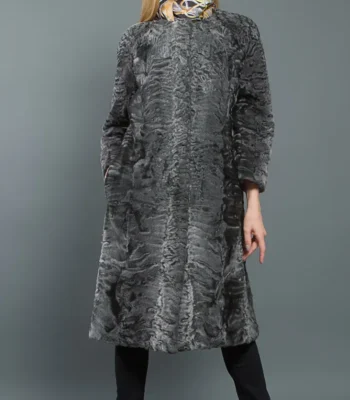 Women Real Persian Lamb Fur Grey Trench Coat