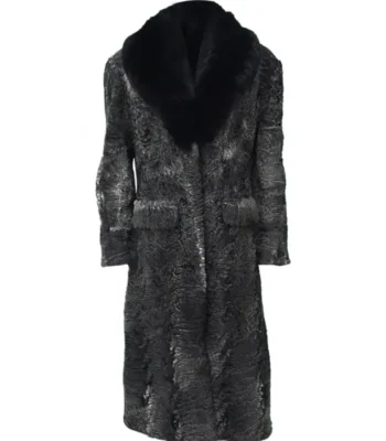 Grey Karakul Persian Lamb Fur Mink Collar Trench Coat