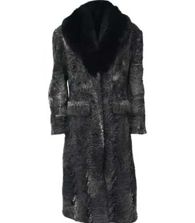 Grey Karakul Persian Lamb Fur Mink Collar Trench Coat