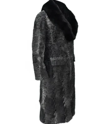 Grey Karakul Persian Lamb Fur Mink Collar Trench Coat