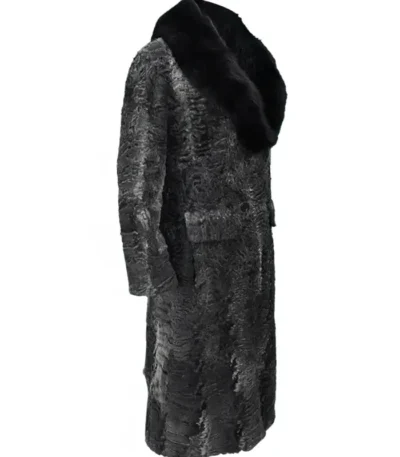 Grey Karakul Persian Lamb Fur Mink Collar Trench Coat