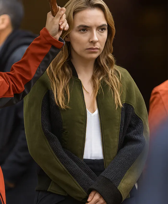 Killing Eve Villanelle Rib-Knitted Collar Green Fleece Jacket Killing Eve Villanelle Rib-Knitted Collar Green Fleece Jacket