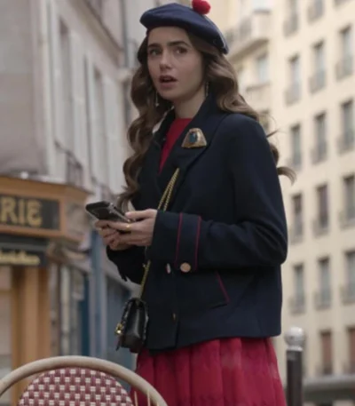 Lily Collins Emily in Paris Blue Wool Coat