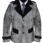 Men Swakara Wavy Mink Fur Straps Collar Gray Coat