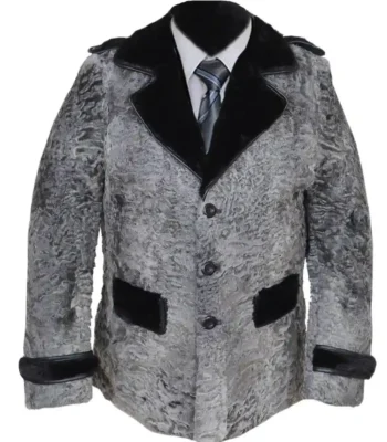 Men Swakara Wavy Mink Fur Straps Collar Gray Coat