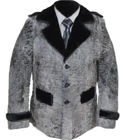 Men Swakara Wavy Mink Fur Straps Collar Gray Coat