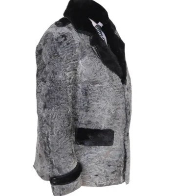 Men Swakara Wavy Mink Fur Straps Collar Gray Coat