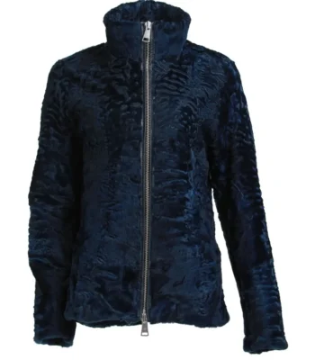Mens Blue Swakara Lamb Fur High Collar Jacket