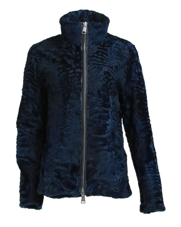 Mens Blue Swakara Lamb Fur High Collar Jacket
