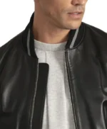 Men’s Lambskin Back Leather Bomber Jacket with Grey Stripes