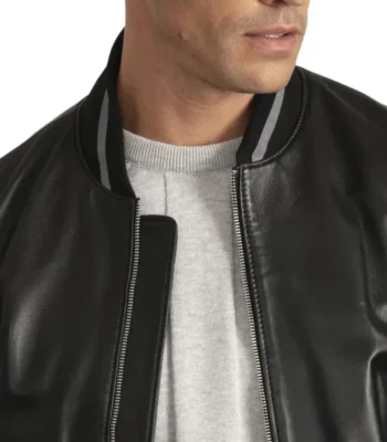 Men’s Lambskin Back Leather Bomber Jacket with Grey Stripes