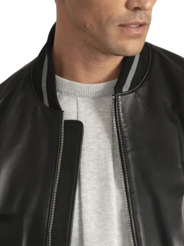 Men’s Lambskin Back Leather Bomber Jacket with Grey Stripes