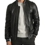 Men’s Lambskin Back Leather Bomber Jacket with Grey Stripes