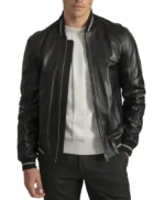 Men’s Lambskin Back Leather Bomber Jacket with Grey Stripes