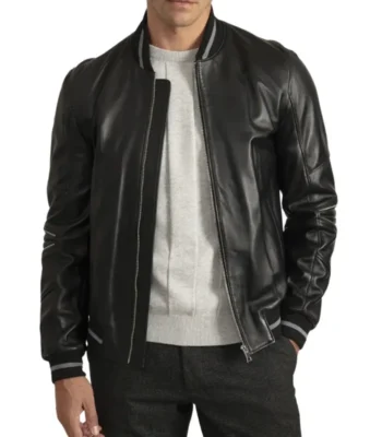 Men’s Lambskin Back Leather Bomber Jacket with Grey Stripes