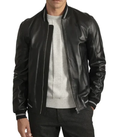 Men’s Lambskin Back Leather Bomber Jacket with Grey Stripes