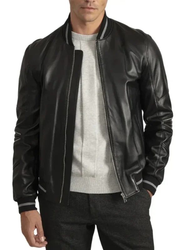Men’s Lambskin Back Leather Bomber Jacket with Grey Stripes