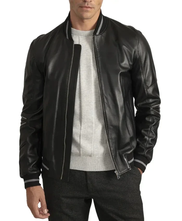 Men’s Lambskin Back Leather Bomber Jacket with Grey Stripes Men’s Lambskin Back Leather Bomber Jacket with Grey Stripes