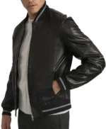 Men’s Lambskin Back Leather Bomber Jacket with Grey Stripes