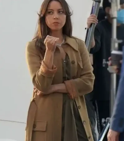 Operation Fortune 2023 Aubrey Plaza Brown Coat