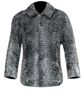 Persian Karakul Lamb Mink Fur Collar Gray Jacket