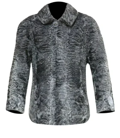 Persian Karakul Lamb Mink Fur Collar Gray Jacket