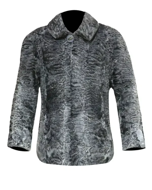 Persian Karakul Lamb Mink Fur Collar Gray Jacket