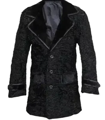 Real Persian Lamb Mink Fur Collar Black Coat