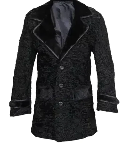 Real Persian Lamb Mink Fur Collar Black Coat
