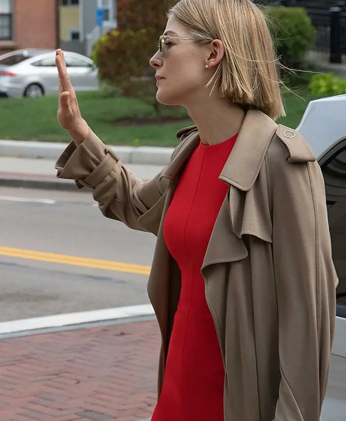Rosamund Pike I Care a Lot Tan Brown Long Trench Coat Rosamund Pike I Care a Lot Tan Brown Long Trench Coat