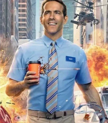 Ryan Reynolds Free Guy Tie and Blue Shirt