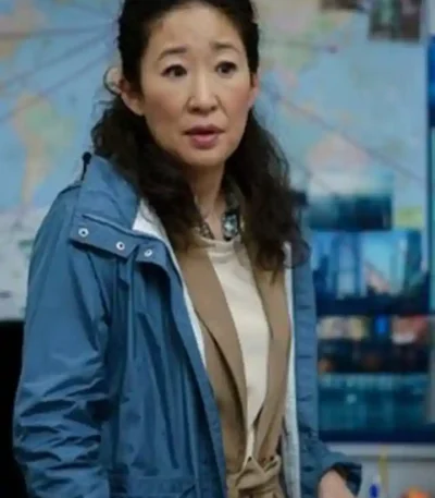 Sandra Oh Killing Eve Season 03 Polastri Blue Hooded Coat