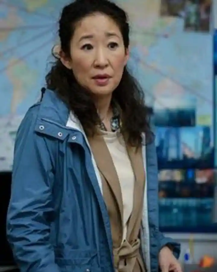 Sandra Oh Killing Eve Season 03 Polastri Blue Hooded Coat Sandra Oh Killing Eve Season 03 Polastri Blue Hooded Coat