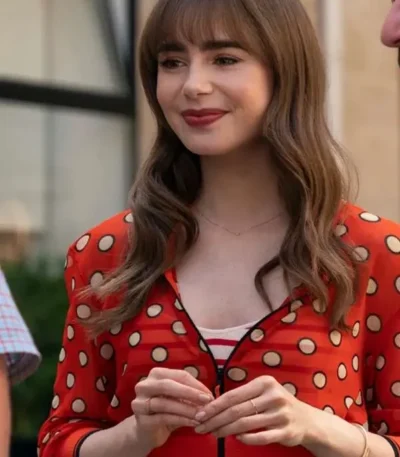 Emily In Paris S3 Lily Collins Red Dotted Cropped Jacket