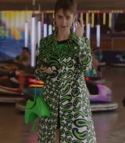 Emily in Paris S03 Lily Collins Green Printed Coat