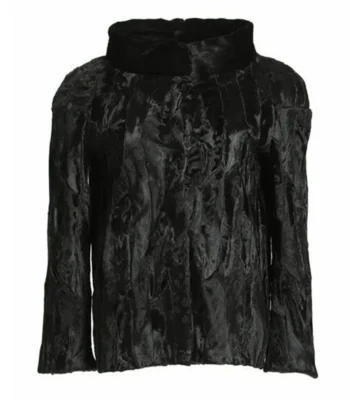 Womens Black Swakara Lamb Fur Fluffy Jacket