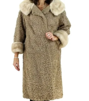 Women’s Real Astrakhan Curly Lamb Mink Fur Collar Coat